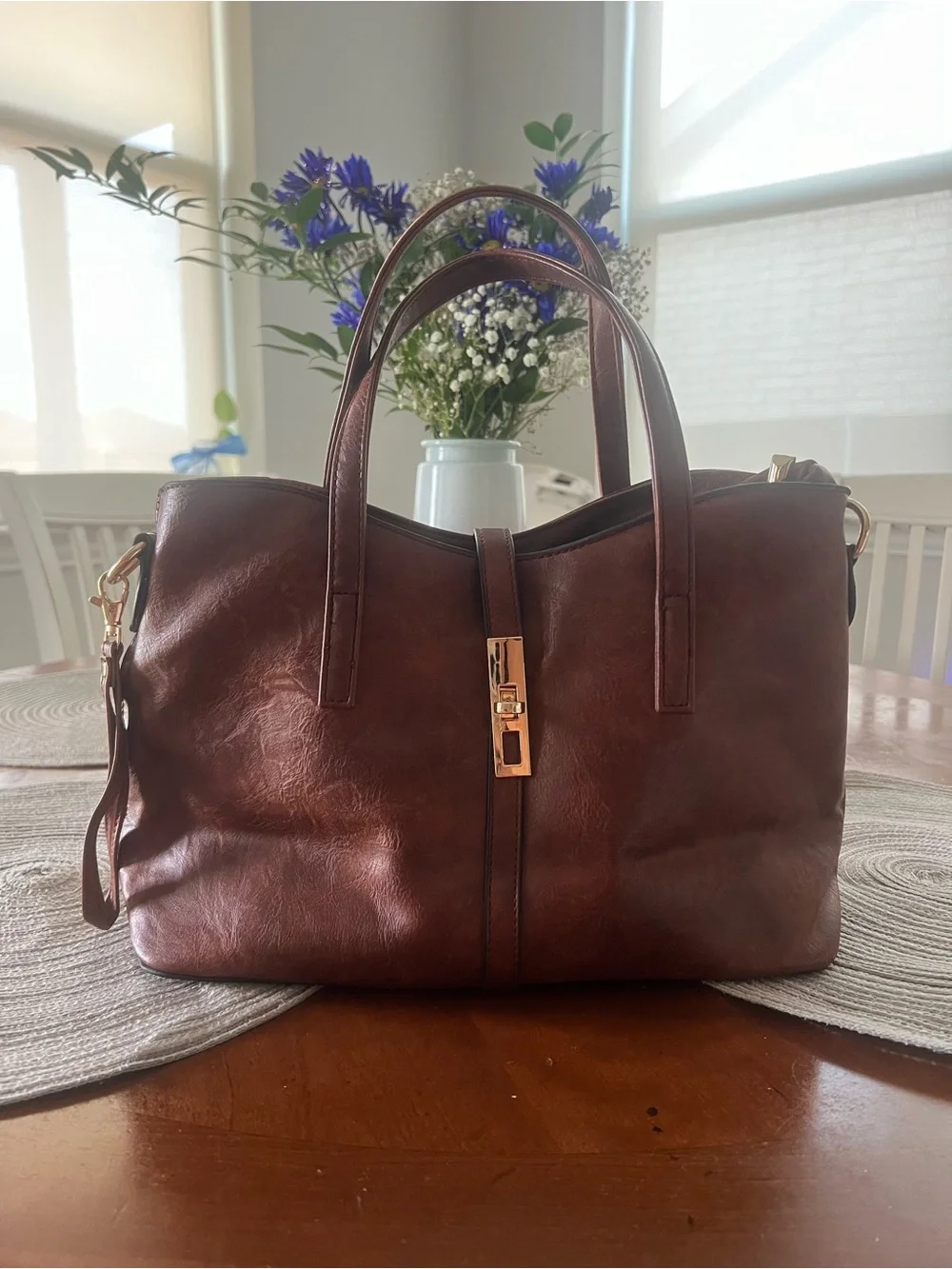 Brown Faux Leather Satchel Tote Bag
